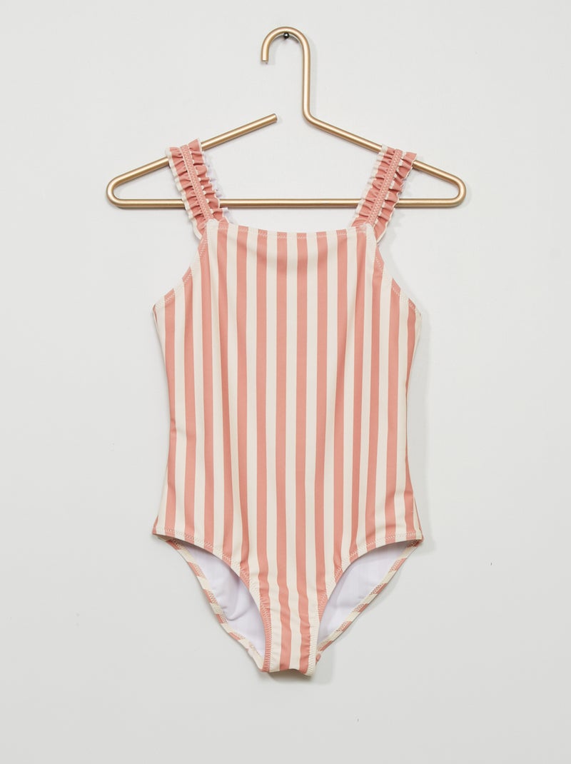 Maillot de bain rayé à volants rose - Kiabi