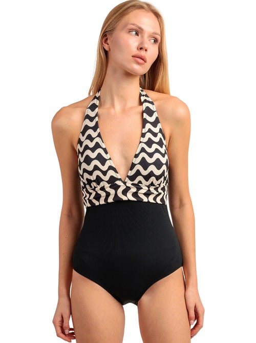 Maillot de bain une pièce dos nu Waves White And Black - Kiabi