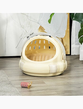 Maison chat portable verrouillable avec coussin beige