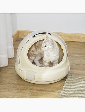 Maison chat portable verrouillable avec coussin beige