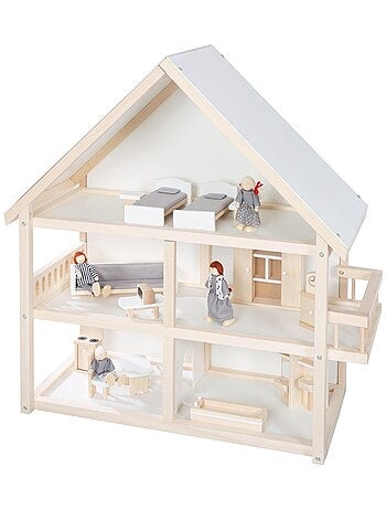 Maison de poup?e en bois + meubles miniatures et 4 poup?es ROBA