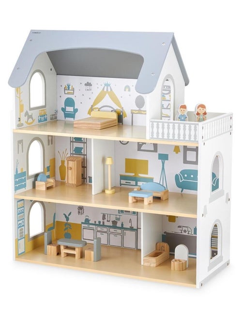 Maison de Poupée Bois avec Terrasse et Accessoires, Maison de Poupée à 3 Niveaux, 5 Pièces - Kiabi