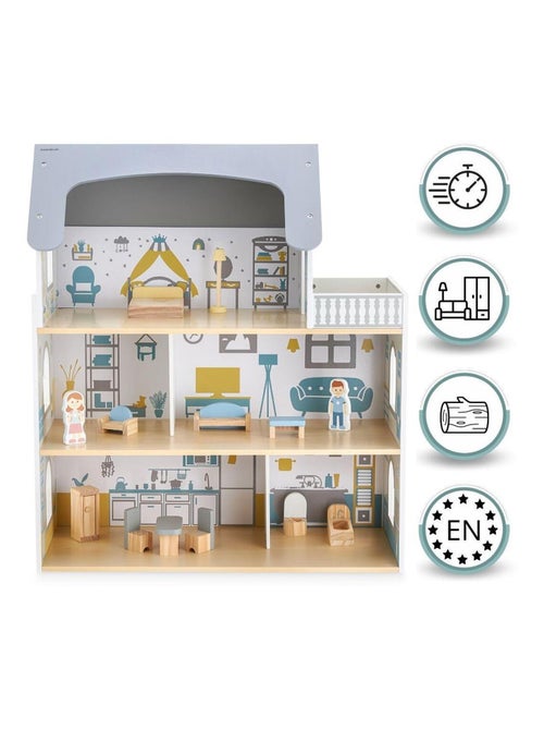 Maison de Poupée Bois avec Terrasse et Accessoires, Maison de Poupée à 3 Niveaux, 5 Pièces - Kiabi