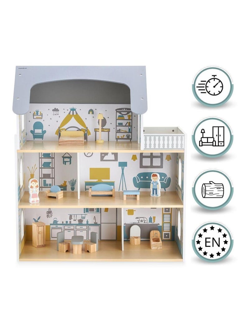 Maison de Poupée Bois avec Terrasse et Accessoires, Maison de Poupée à 3 Niveaux, 5 Pièces N/A - Kiabi
