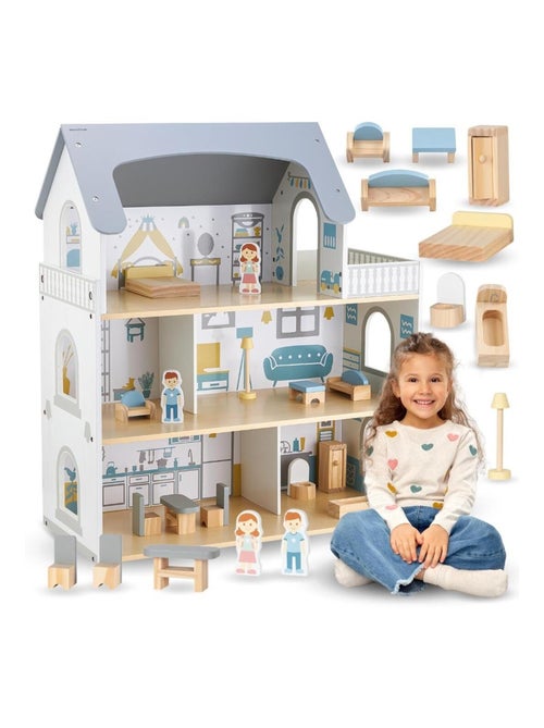 Maison de Poupée Bois avec Terrasse et Accessoires, Maison de Poupée à 3 Niveaux, 5 Pièces - Kiabi