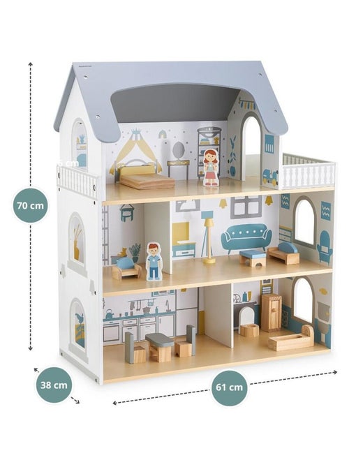 Maison de Poupée Bois avec Terrasse et Accessoires, Maison de Poupée à 3 Niveaux, 5 Pièces - Kiabi