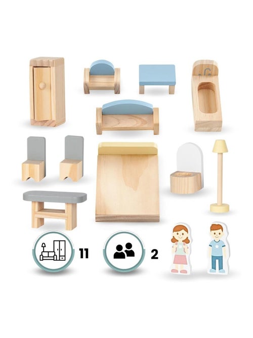 Maison de Poupée Bois avec Terrasse et Accessoires, Maison de Poupée à 3 Niveaux, 5 Pièces - Kiabi