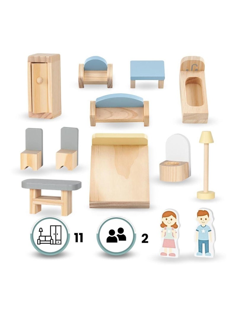 Maison de Poupée Bois avec Terrasse et Accessoires, Maison de Poupée à 3 Niveaux, 5 Pièces N/A - Kiabi