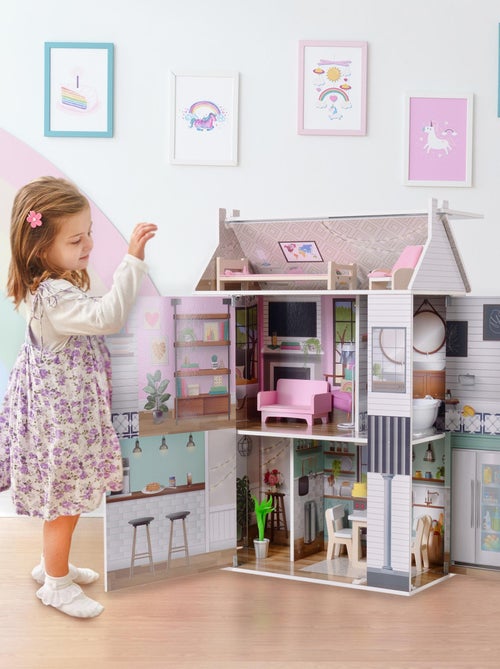 Maison de poupée en bois enfant 3 étages avec 13 accessoires mobilier blanche Farmhouse - Kiabi