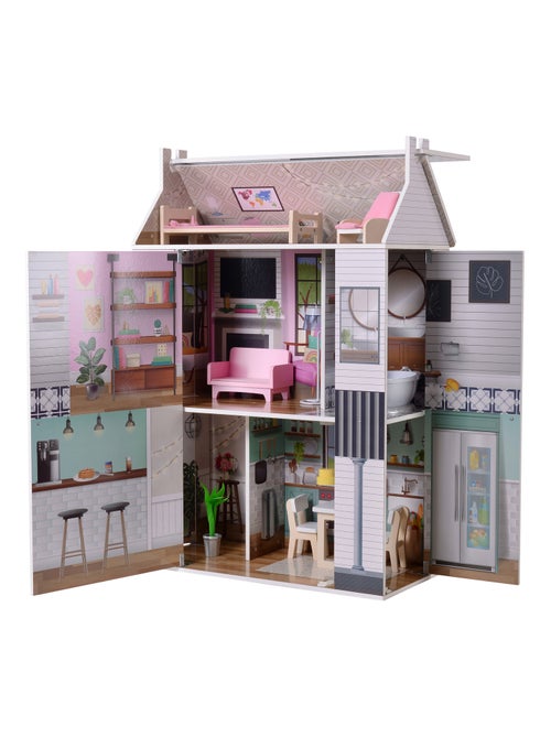 Maison de poupée en bois enfant 3 étages avec 13 accessoires - Kiabi