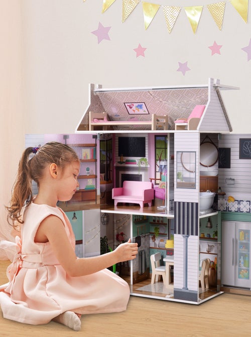 Maison de poupée en bois enfant 3 étages avec 13 accessoires - Kiabi