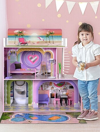 Maison de poupée en bois enfant 3 étages avec 16 accessoires Dreamland Sunset