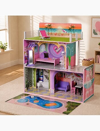 Maison de poupée en bois enfant 3 étages avec 16 accessoires dreamland sunset