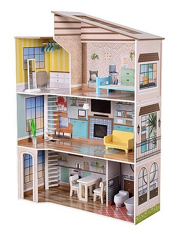 Maison de poupée en bois enfant 3 étages avec 17 accessoires