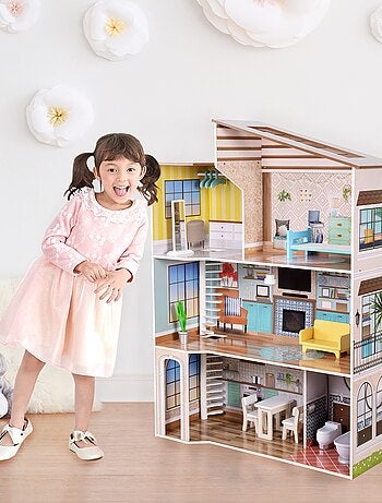Maison de poupée en bois enfant 3 étages avec 17 accessoires