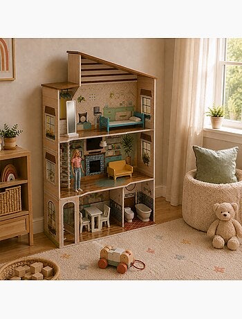 Maison de poupée en bois enfant 3 étages avec 17 accessoires