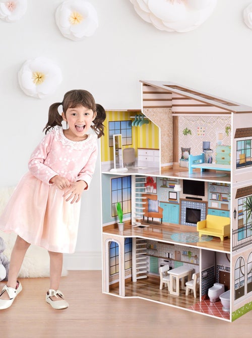 Maison de poupée en bois enfant 3 étages avec 17 accessoires - Kiabi Maison de poupée en bois enfant 3 étages avec 17 accessoires - Kiabi