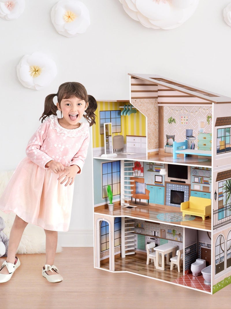 Maison de poupée en bois enfant 3 étages avec 17 accessoires N/A - Kiabi