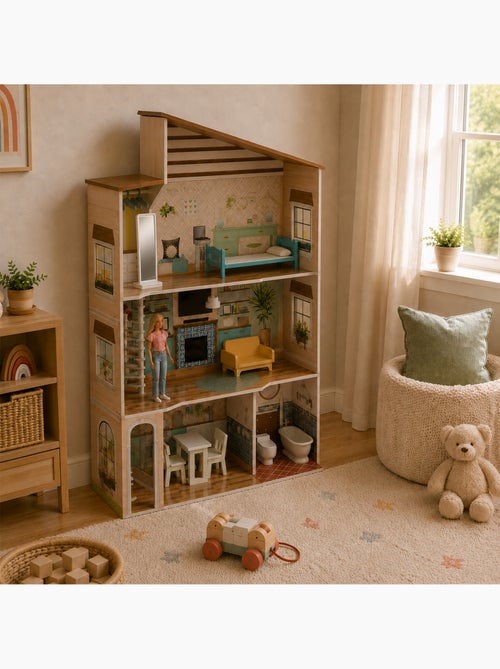 Maison de poupée en bois enfant 3 étages avec 17 accessoires - Kiabi Maison de poupée en bois enfant 3 étages avec 17 accessoires - Kiabi