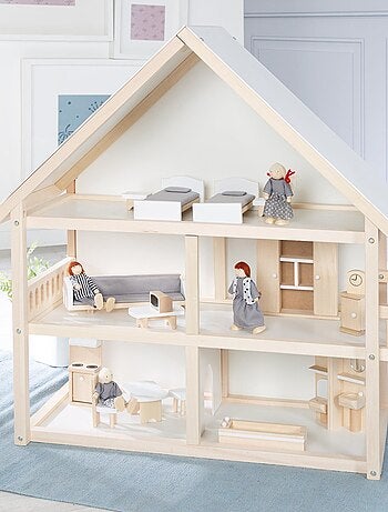 Maison de poupée en bois + meubles miniatures et 4 poupées ROBA