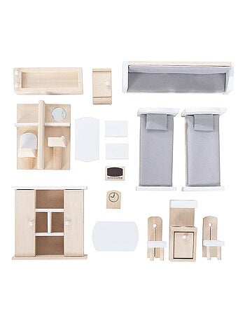 Maison de poupée en bois + meubles miniatures et 4 poupées ROBA