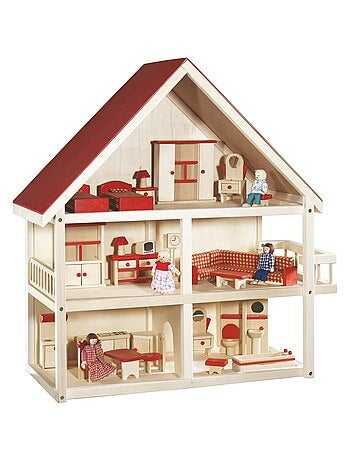 Maison de poupée en bois + meubles miniatures et 4 poupées ROBA