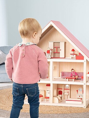 Maison de poupée en bois + meubles miniatures et 4 poupées ROBA