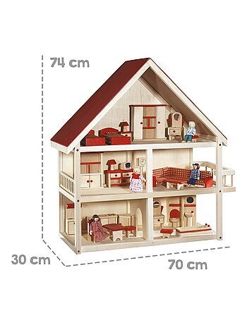 Maison de poupée en bois + meubles miniatures et 4 poupées ROBA