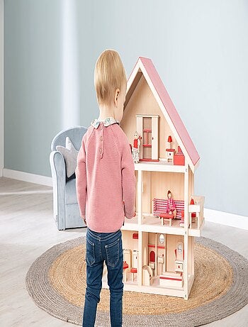 Maison de poupée en bois + meubles miniatures et 4 poupées ROBA