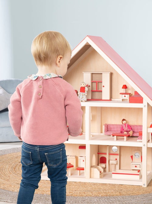 Maison de poupée en bois + meubles miniatures et 4 poupées 'Roba' - Kiabi