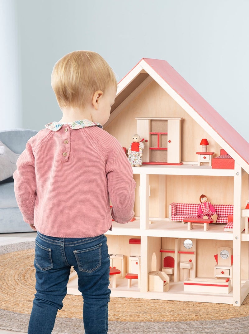 Maison de poupée en bois + meubles miniatures et 4 poupées ROBA Rouge - Kiabi