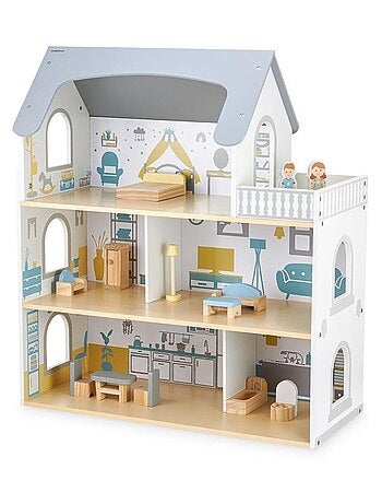 Maison de poupées bois 3 niveaux avec terrasse Mamabrum