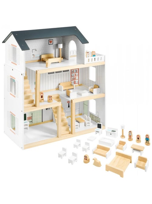 Maison de Poupées Bois avec Grande Terrasse 4 Figurines, 3 Etages, 19 Pièces Mobiles - Kiabi