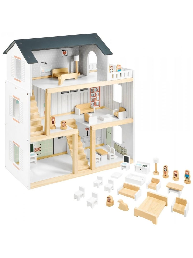 Maison de Poupées Bois avec Grande Terrasse 4 Figurines, 3 Etages, 19 Pièces Mobiles N/A - Kiabi