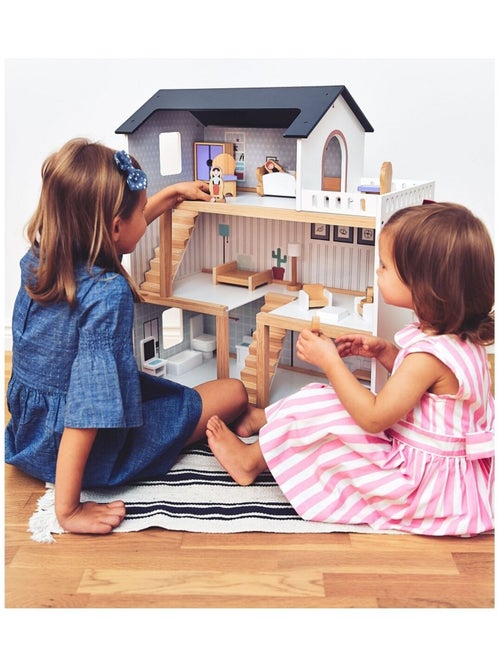 Maison de Poupées Bois avec Grande Terrasse 4 Figurines, 3 Etages, 19 Pièces Mobiles - Kiabi