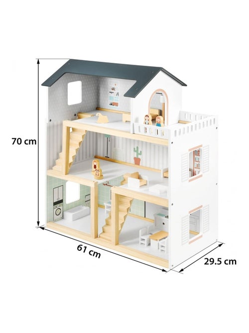 Maison de Poupées Bois avec Grande Terrasse 4 Figurines, 3 Etages, 19 Pièces Mobiles - Kiabi