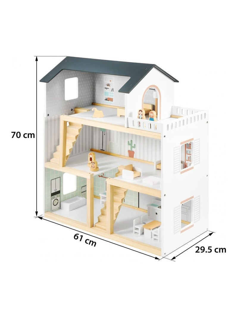 Maison de Poupées Bois avec Grande Terrasse 4 Figurines, 3 Etages, 19 Pièces Mobiles N/A - Kiabi