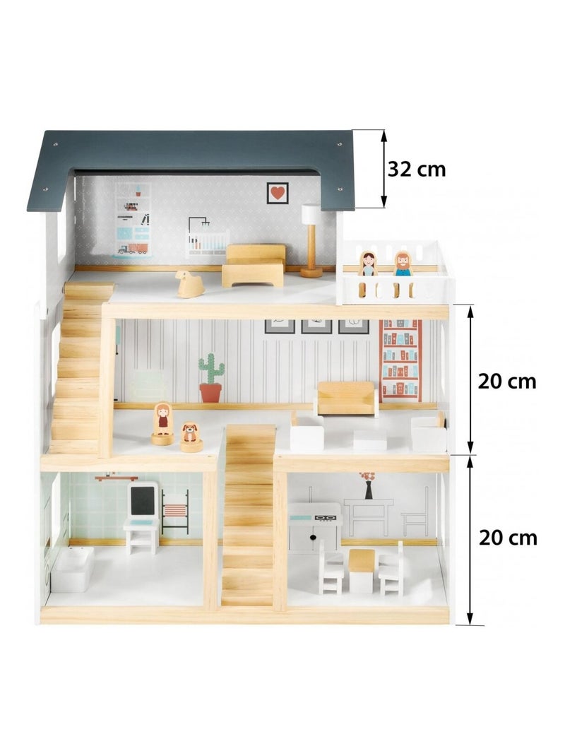 Maison de Poupées Bois avec Grande Terrasse 4 Figurines, 3 Etages, 19 Pièces Mobiles N/A - Kiabi