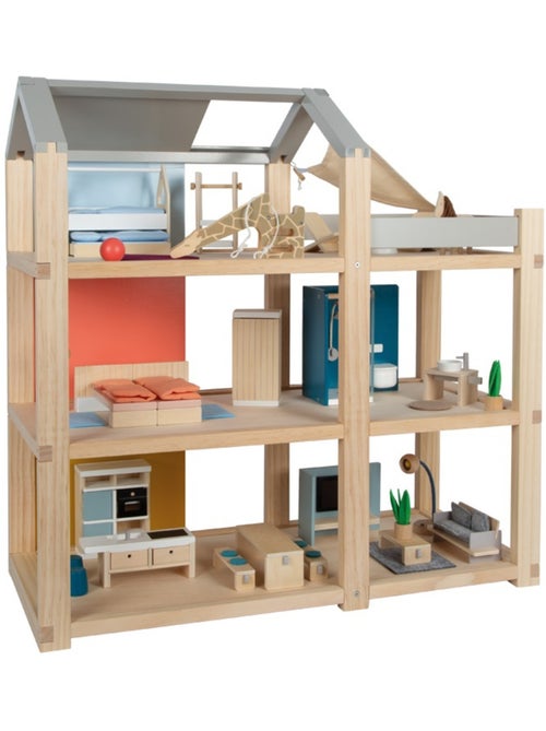 Maison de poupées nature avec meubles - Kiabi