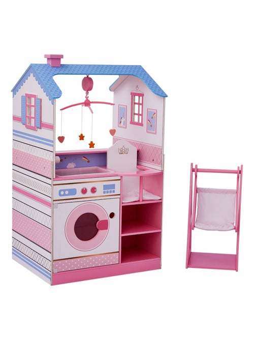 Maison de poupon nurserie 2 façades berceau bain chaise haute bascule machine à laver bois poupée - Kiabi