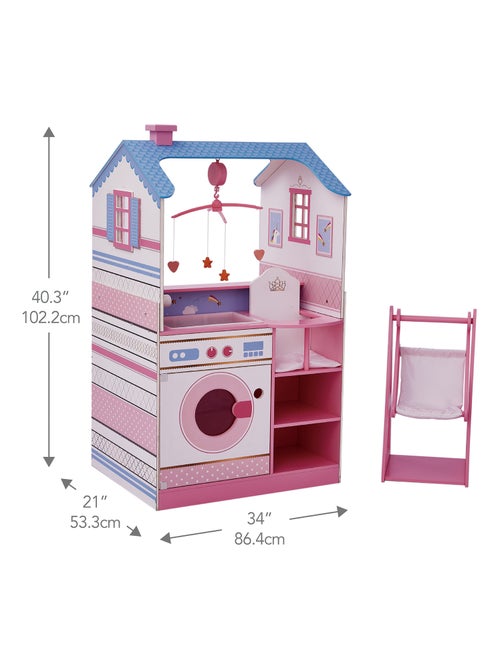 Maison de poupon nurserie 2 façades berceau bain chaise haute bascule machine à laver bois poupée - Kiabi