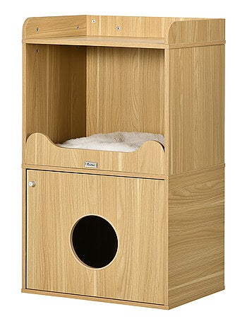 Maison de toilette chat - porte, niche, coussin, plateau - aspect bois clair