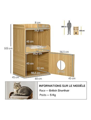 Maison de toilette chat - porte, niche, coussin, plateau - aspect bois clair