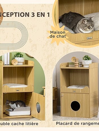 Maison de toilette chat - porte, niche, coussin, plateau - aspect bois clair