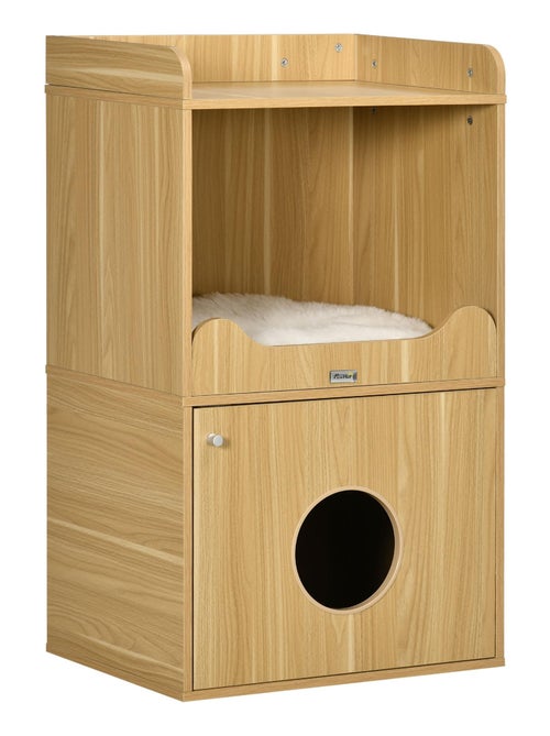 Maison de toilette chat - porte, niche, coussin, plateau - aspect bois clair - Kiabi
