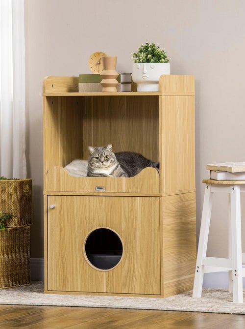 Maison de toilette chat - porte, niche, coussin, plateau - aspect bois clair - Kiabi