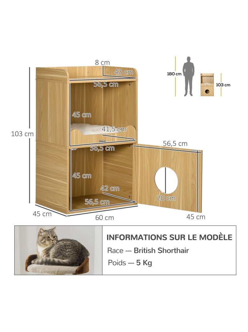 Maison de toilette chat - porte, niche, coussin, plateau - aspect bois clair Beige - Kiabi