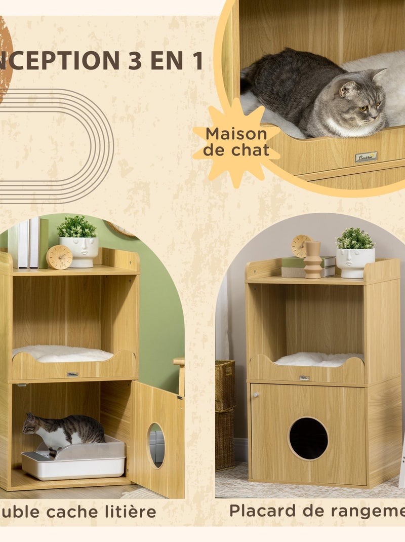 Maison de toilette chat - porte, niche, coussin, plateau - aspect bois clair Beige - Kiabi
