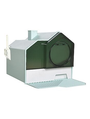 Maison de toilette chat design maisonnette porte battante pelle filtre tapis bleu