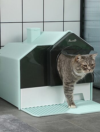 Maison de toilette chat design maisonnette porte battante pelle filtre tapis bleu